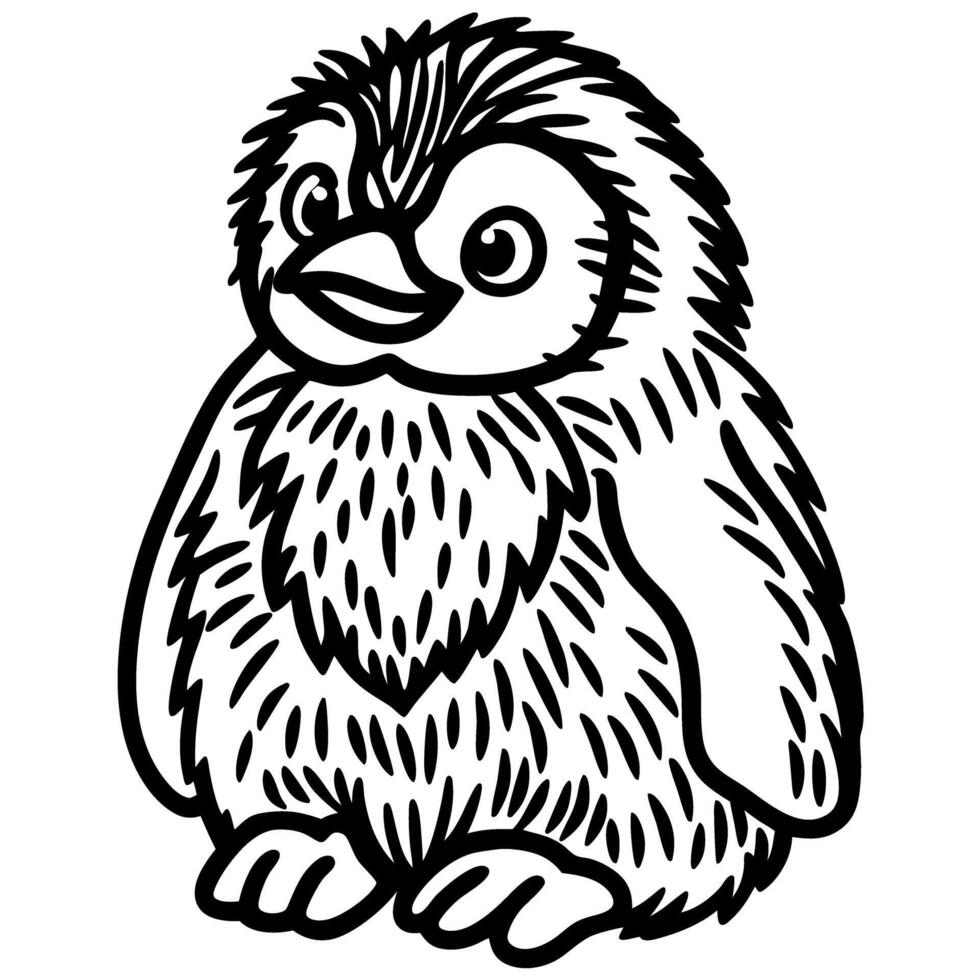 Cute baby penguin illustration black and white animal outline, adorable chick character with fluffy feathers vector