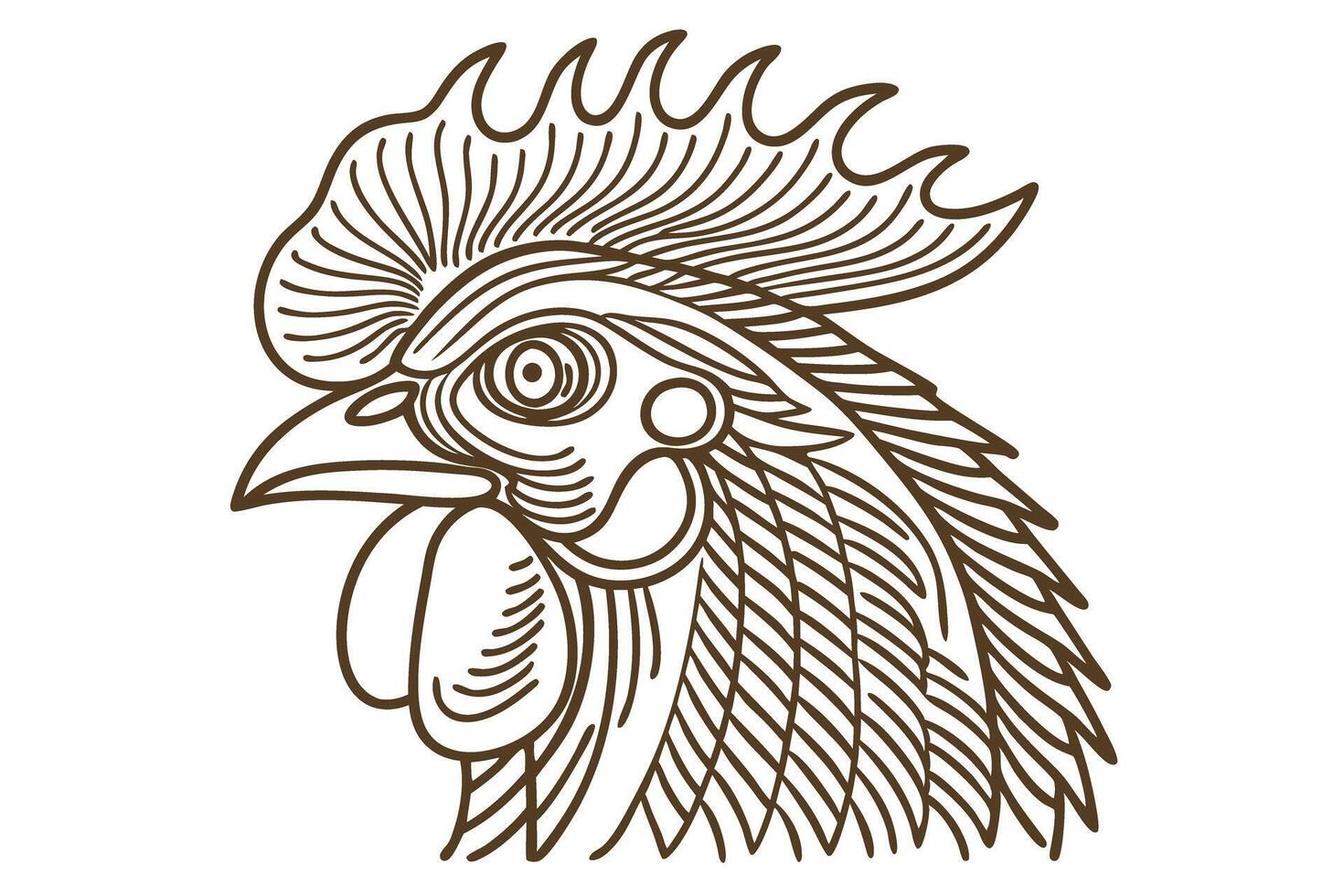 Rooster head line art illustration detailed drawing of chicken bird profile with feathers and comb design vector