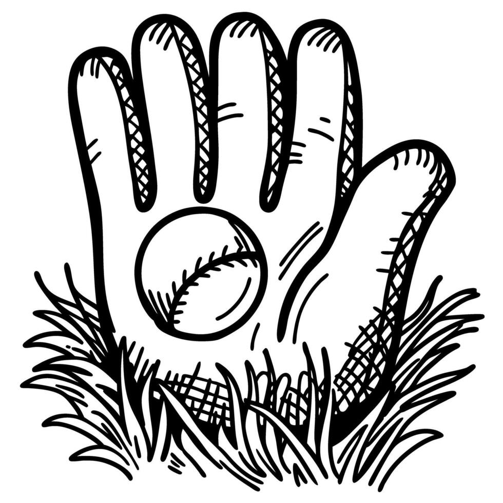 Baseball glove catching ball in grass sports equipment, hand drawn sketch, catching motion, outdoor activity vector