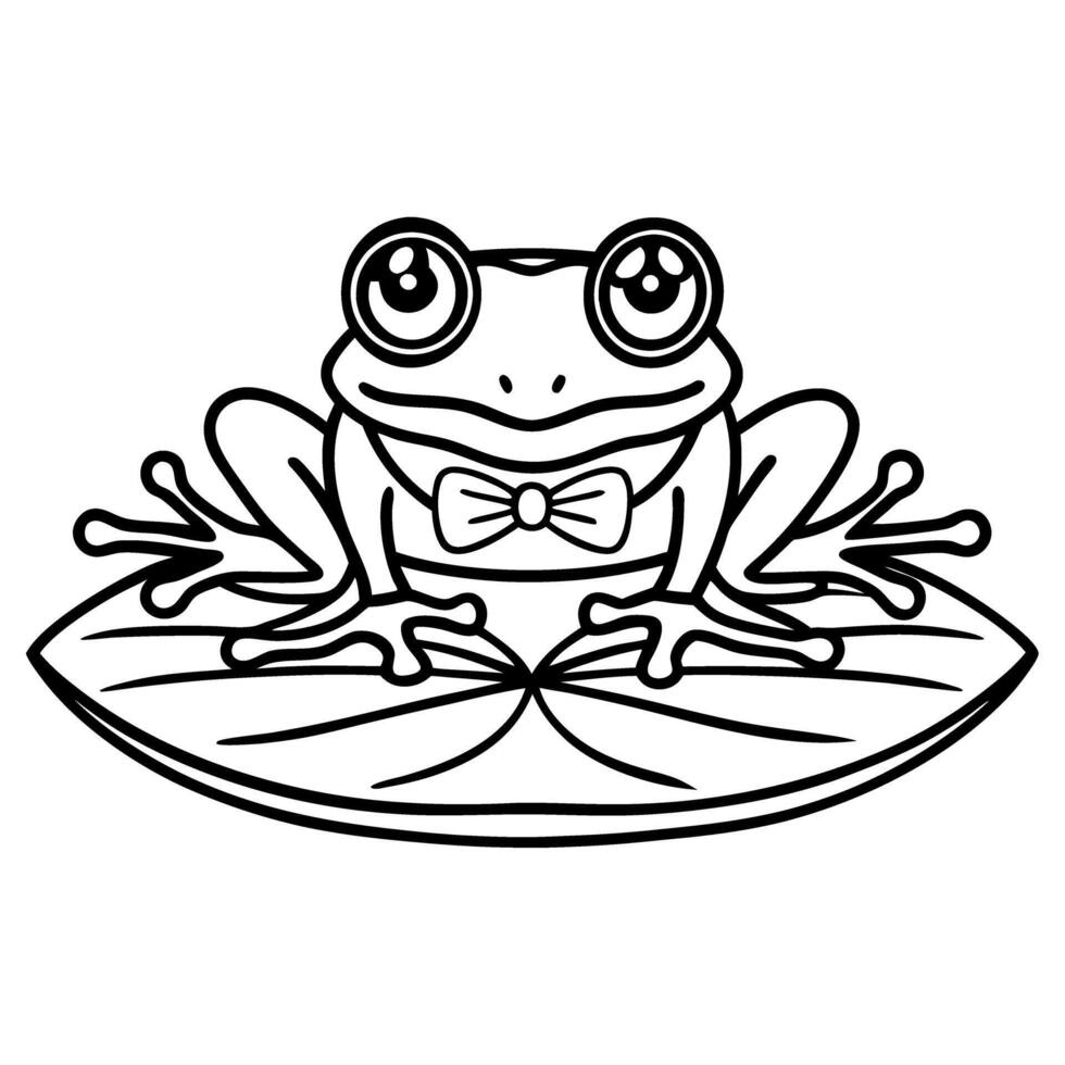 Cute frog with bow tie sitting on lily pad, outlined drawing for kids coloring activity vector