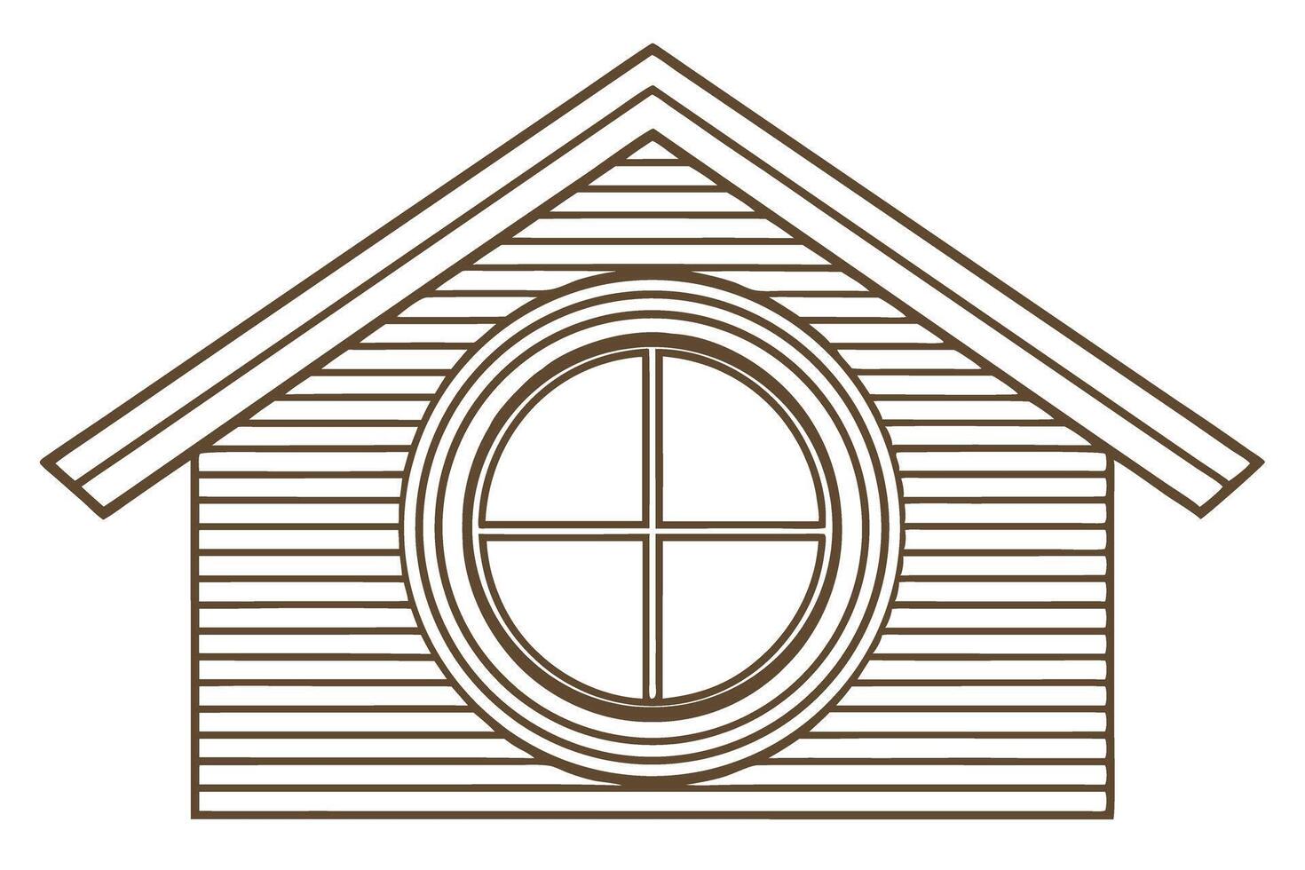 Round window in gable attic of wooden house outline architectural facade design, construction element illustration vector