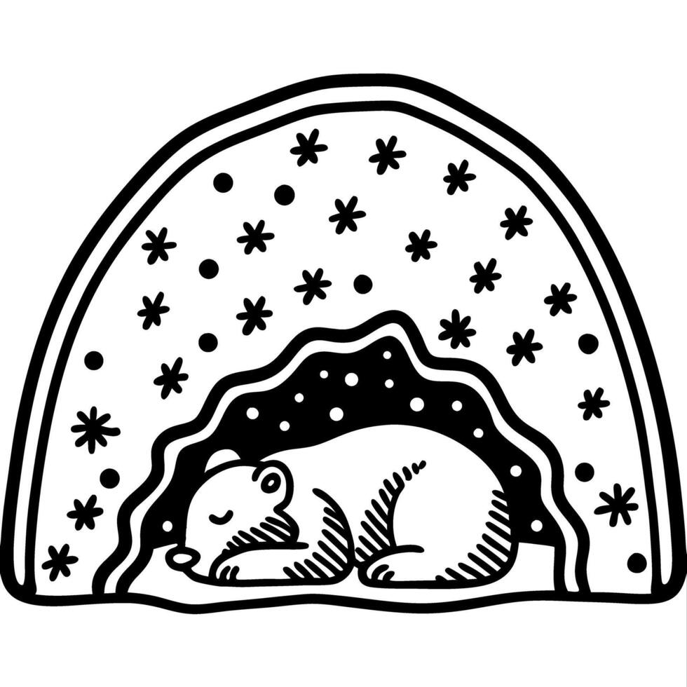 Sleeping bear in winter cave, isolated illustration hibernation, animal and snowflake pattern, cozy den vector