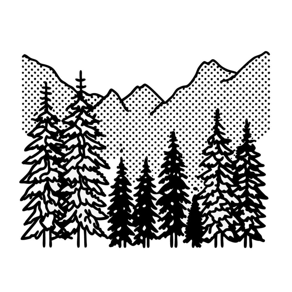 Hand drawn pine forest illustration with detailed trees and mountain landscape monochrome nature art background vector