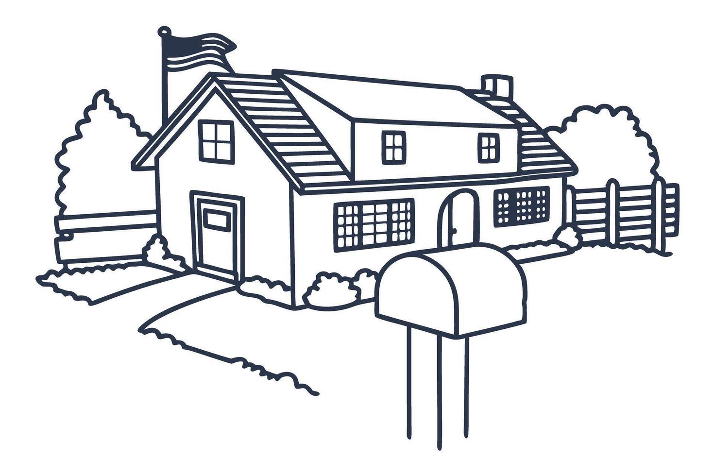 suburban house outline with mailbox, front yard pathway, fence, and trees in simple line art vector