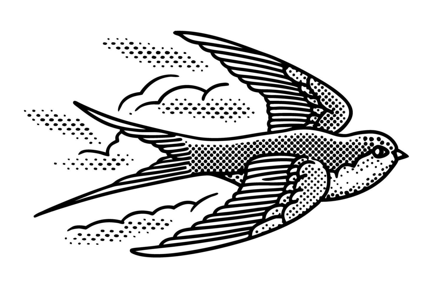 Swallow bird flying in sky black and white vintage tattoo illustration with wings, clouds, detailed line art vector