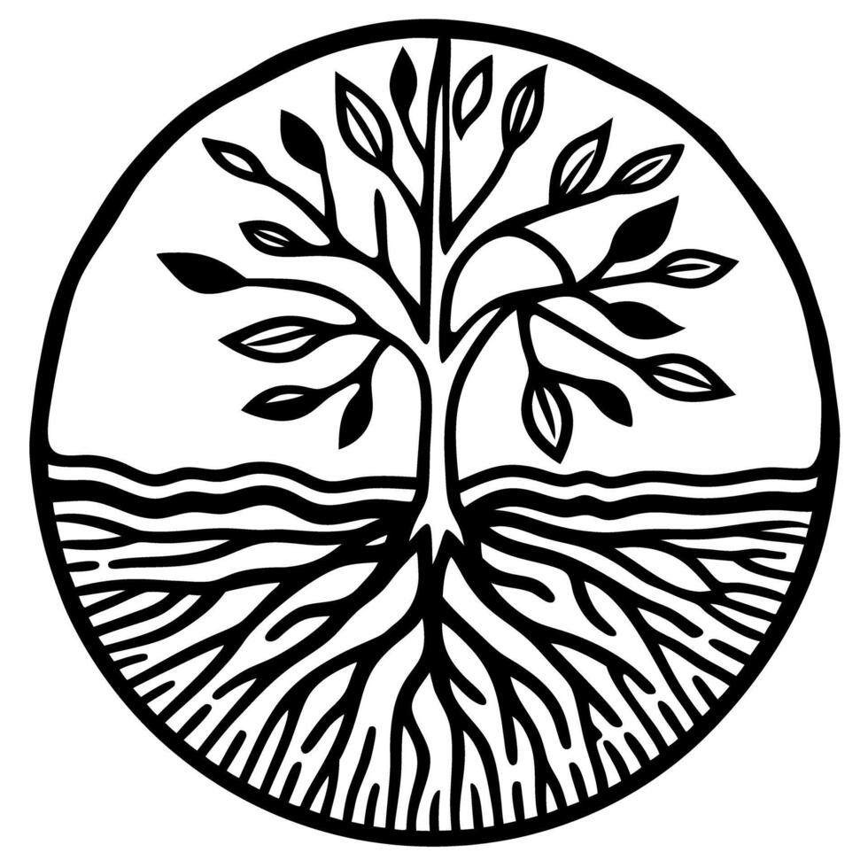 Tree of life with roots and branches in circular design nature growth, connection, harmony, black and white illustration vector