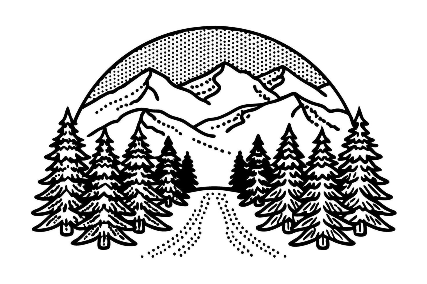 Snow capped mountain landscape with pine trees and forest trail winter wilderness, outdoor adventure scene vector