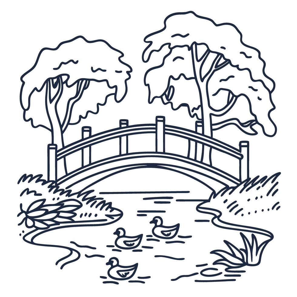Arched wooden bridge over serene river with ducks and trees peaceful nature scene, tranquil landscape, hand drawn vector