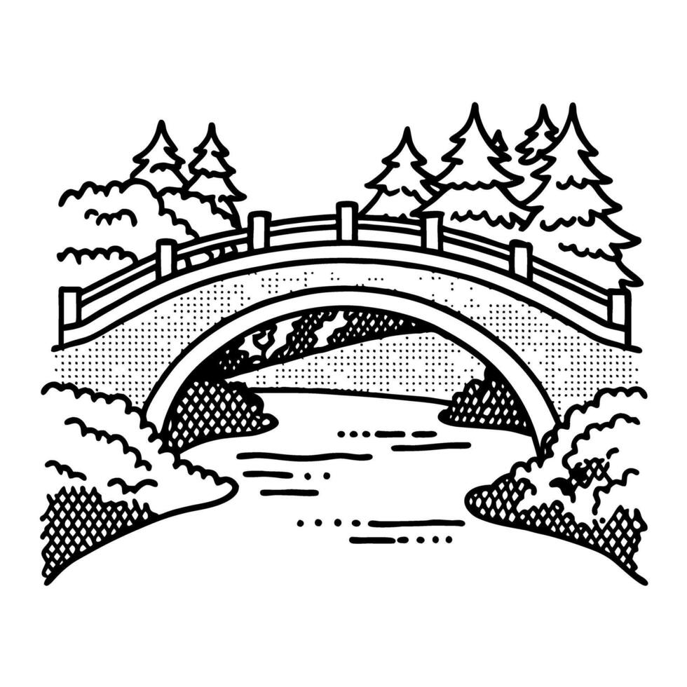 Arched wooden bridge over river with pine trees and bushes nature landscape scenery, black and white drawing vector