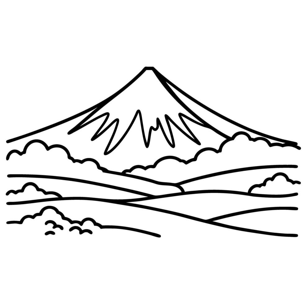 Mountain landscape outline with clouds and fields hand drawn nature scene, minimalist line art illustration vector