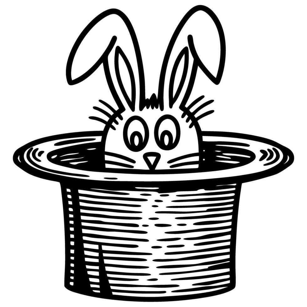 Rabbit popping out of magician's hat, surprise magic trick, line art drawing, black and white vector
