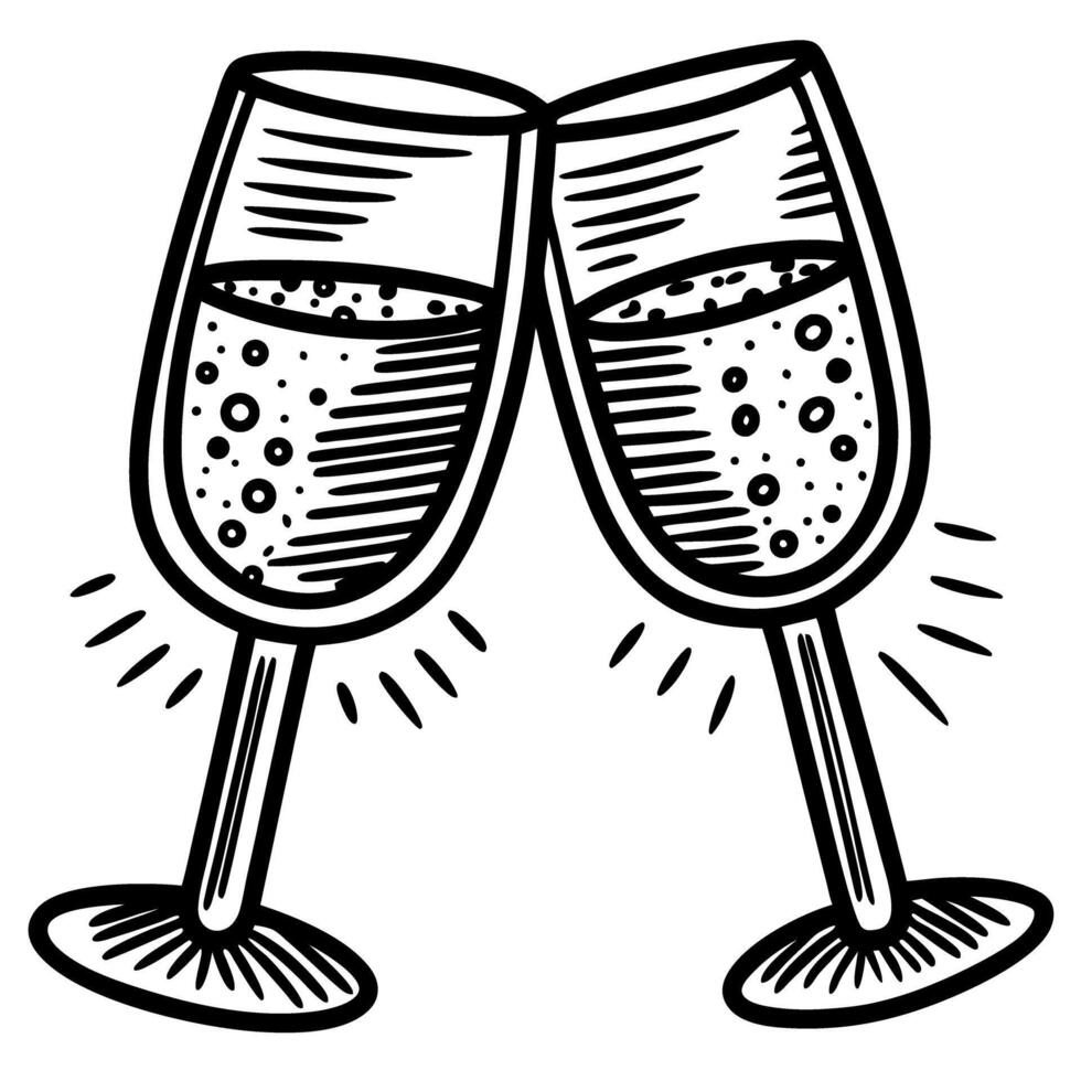 Clinking champagne glasses in celebration toasting festive sparkling drink, hand drawn black and white illustration vector