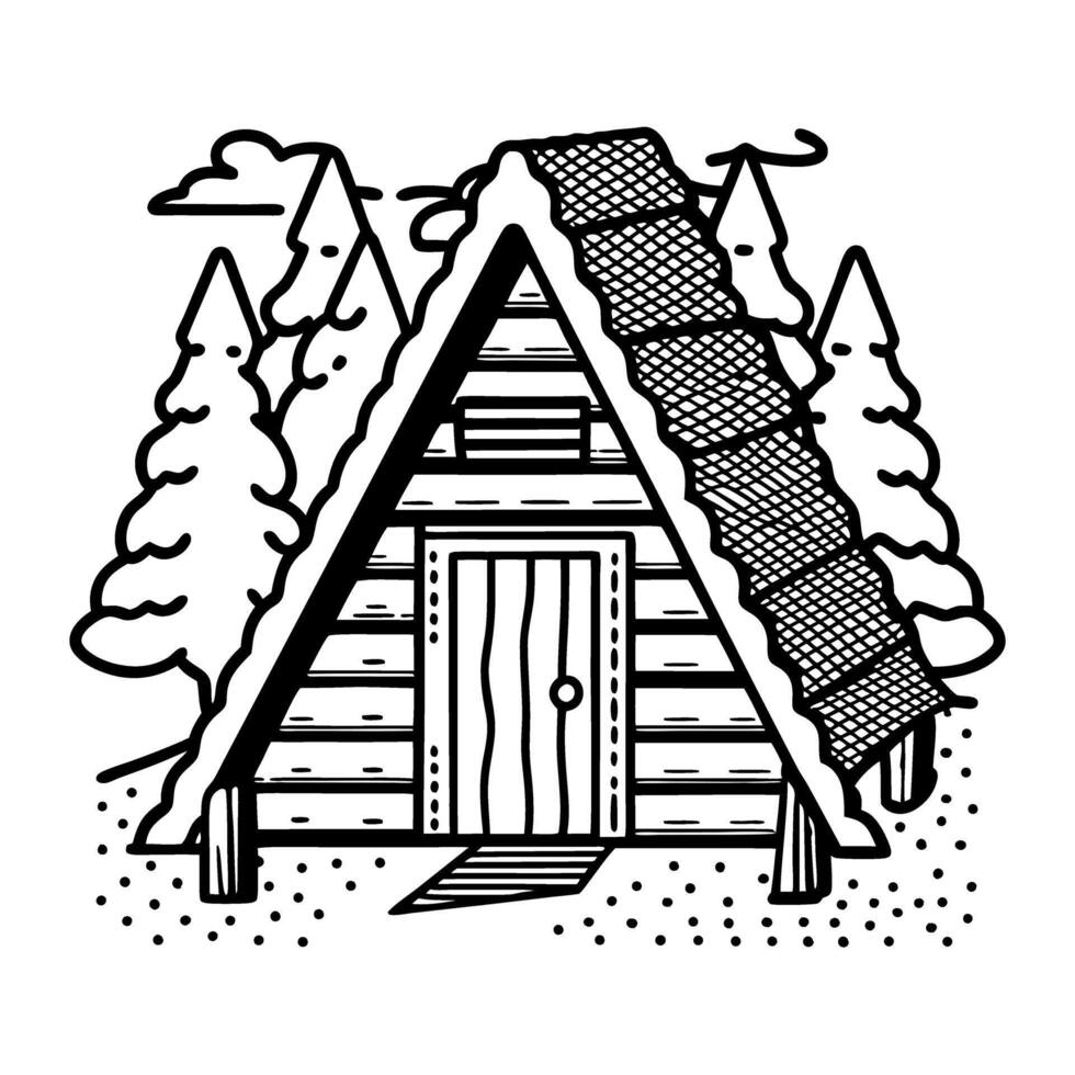 A frame wooden cabin with shingled roof in forest, surrounded by pine trees rustic lodge illustration vector
