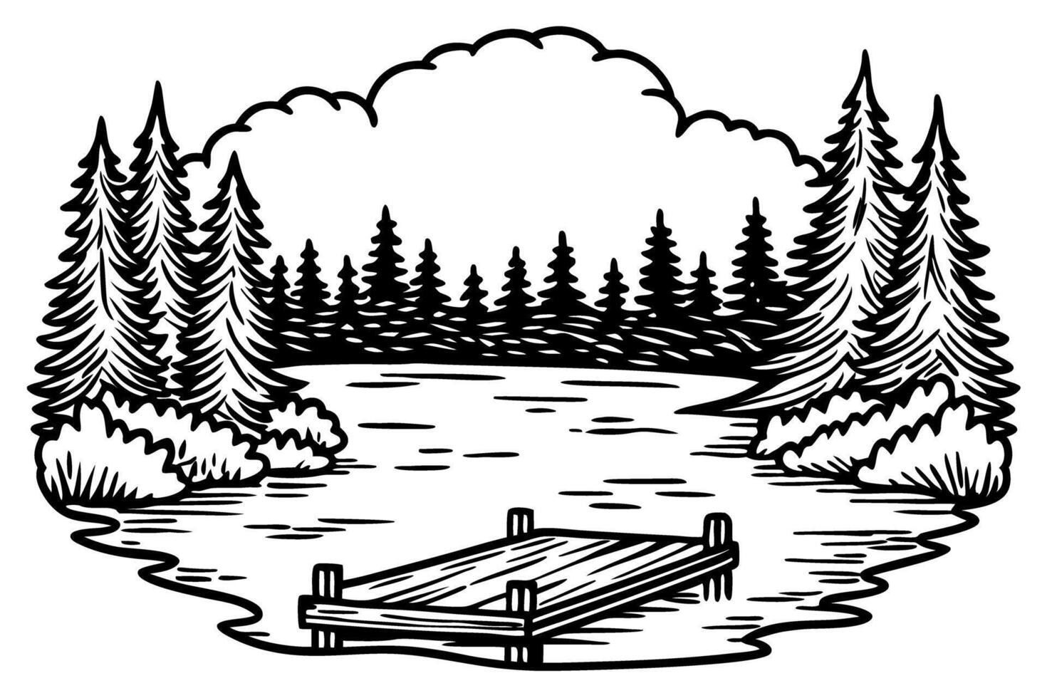 Forest lake with wooden pier tranquil water, pine trees and natural landscape hand drawn sketch illustration vector