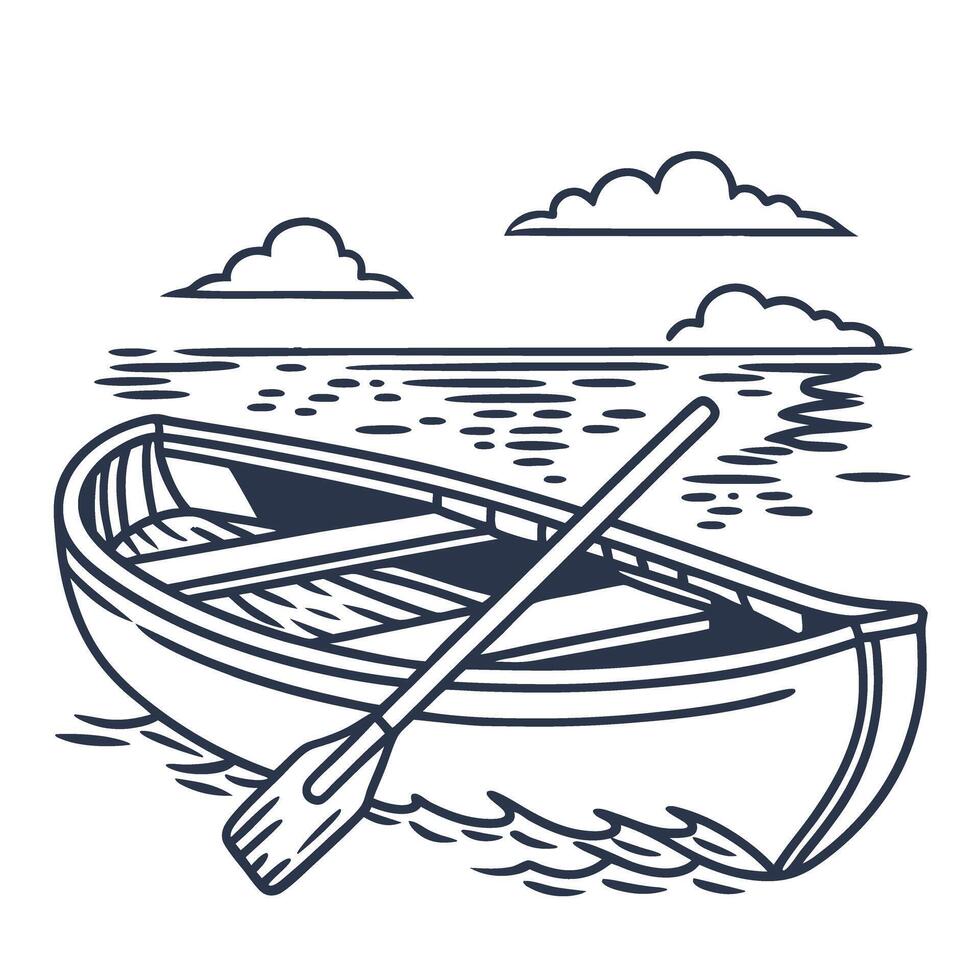 Wooden rowboat with single oar on calm water, simple line drawing peaceful lake scene with clouds vector
