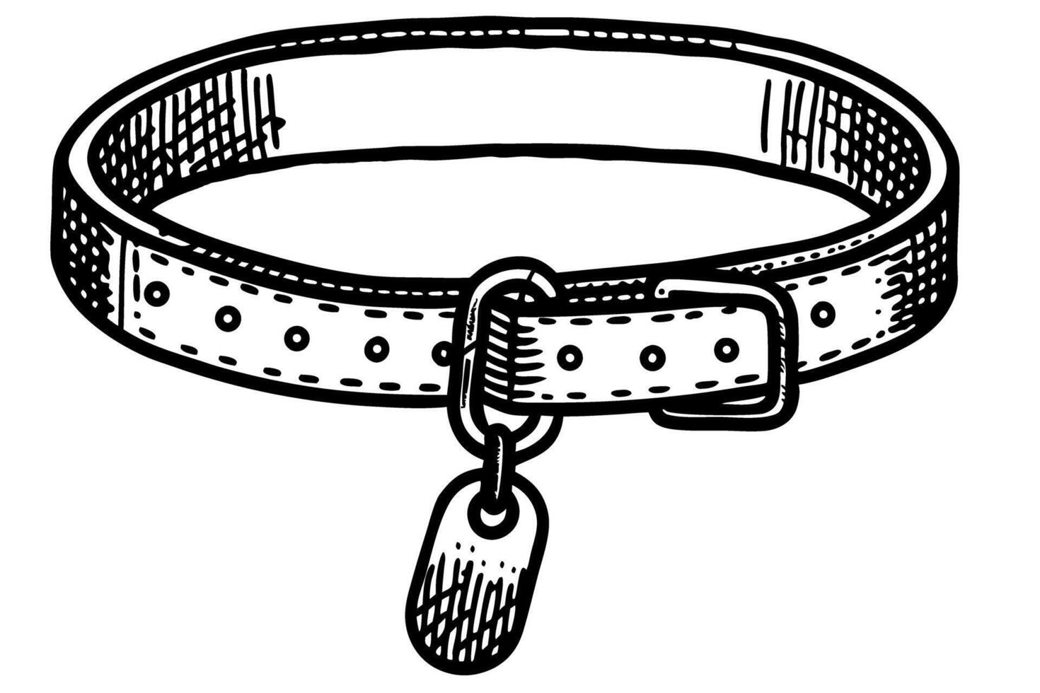 Dog collar with tag pet accessory, adjustable leather belt, engraved identification charm, animal care safety vector