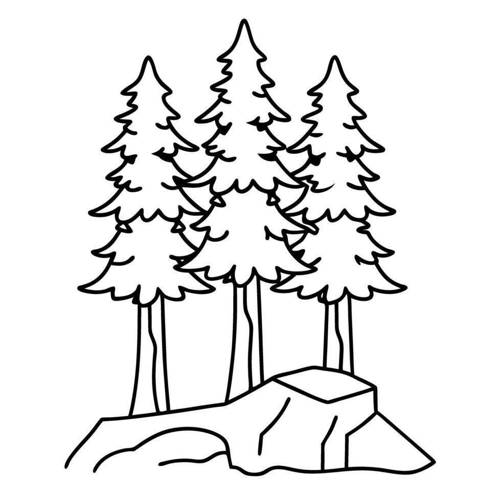 Evergreen pine trees with rocks, simple black and white outline for coloring and nature education vector