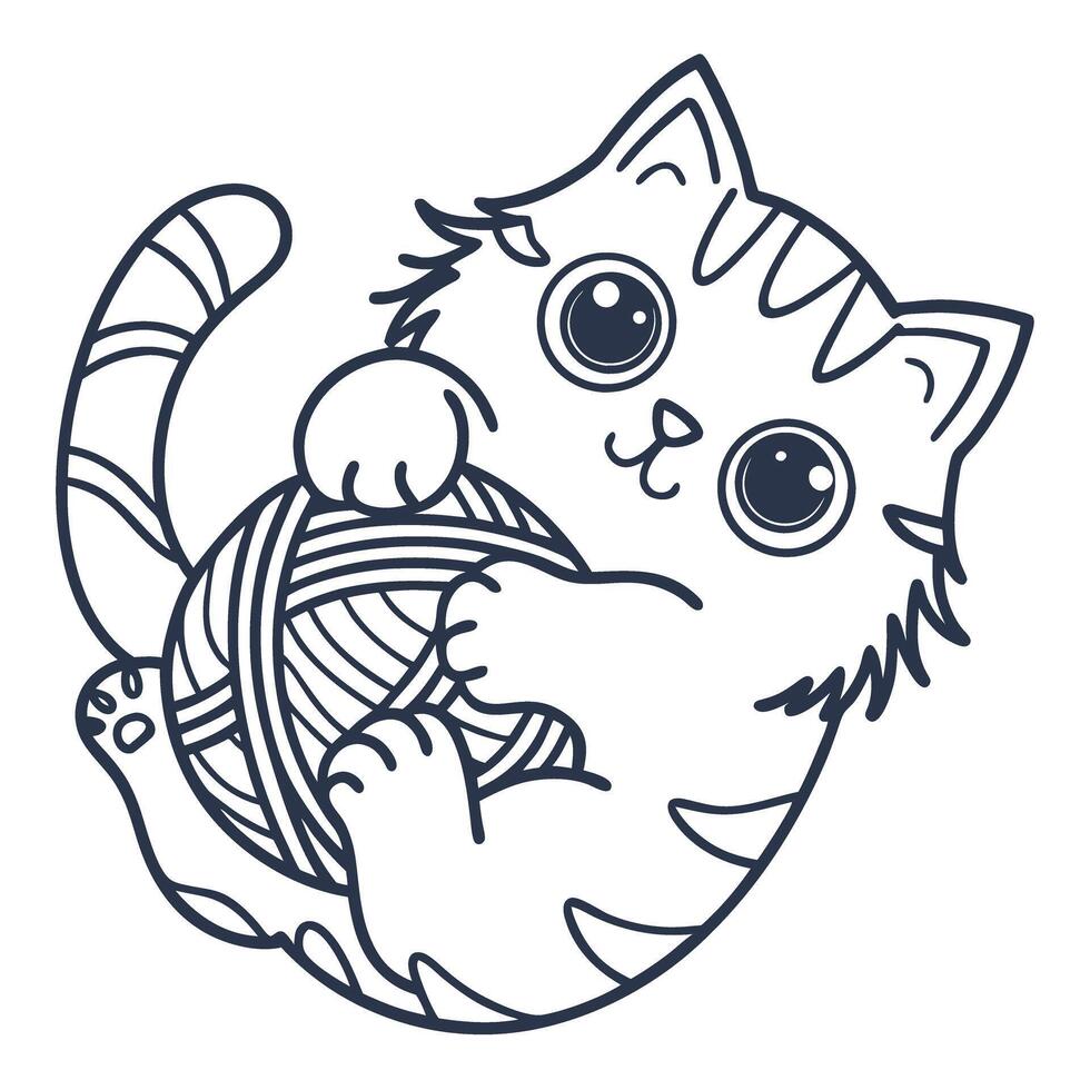 cute tabby kitten playing with ball of yarn adorable outlined cat illustration, animal pet sketch, playful feline drawing vector