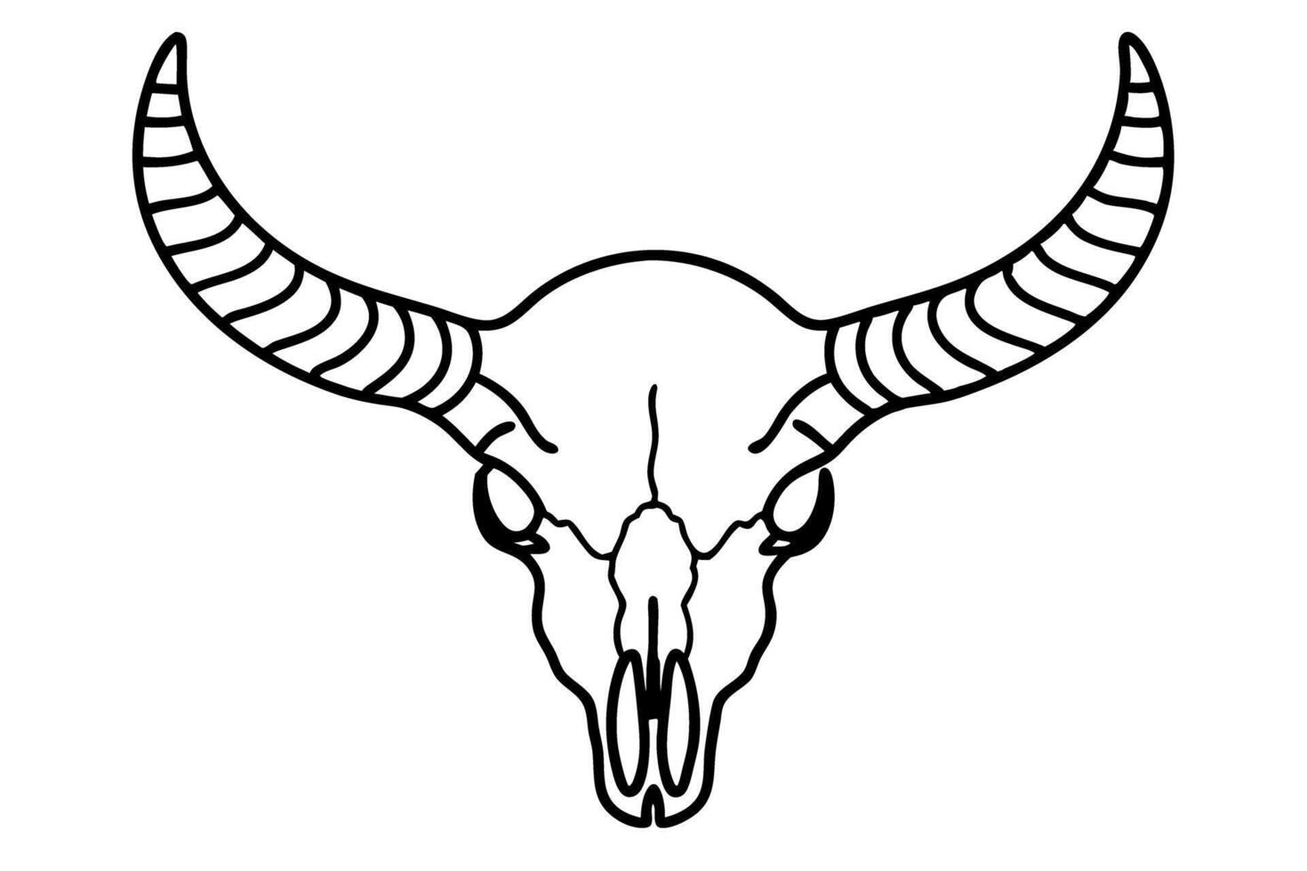 Bull skull outline with large curved horns western tattoo design, hand drawn animal bone illustration, minimal art vector