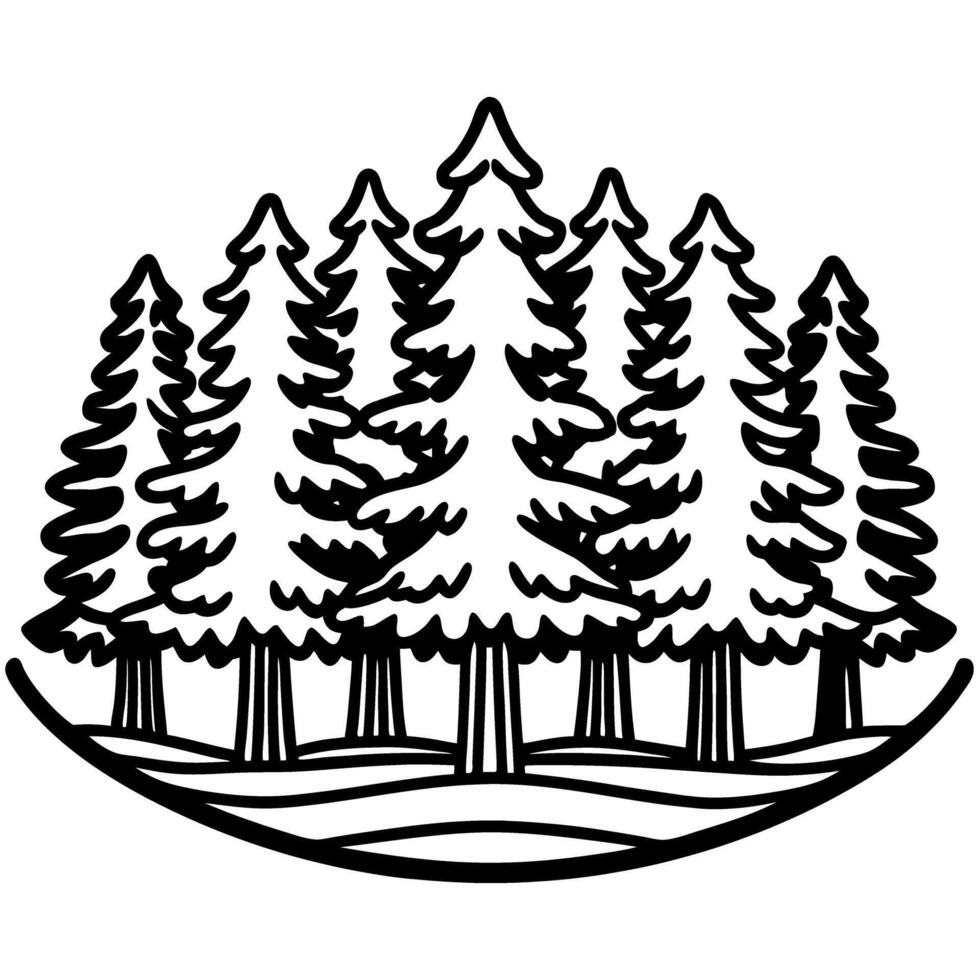 Evergreen pine forest illustration black and white silhouette of conifer trees, woodland landscape, nature emblem design vector