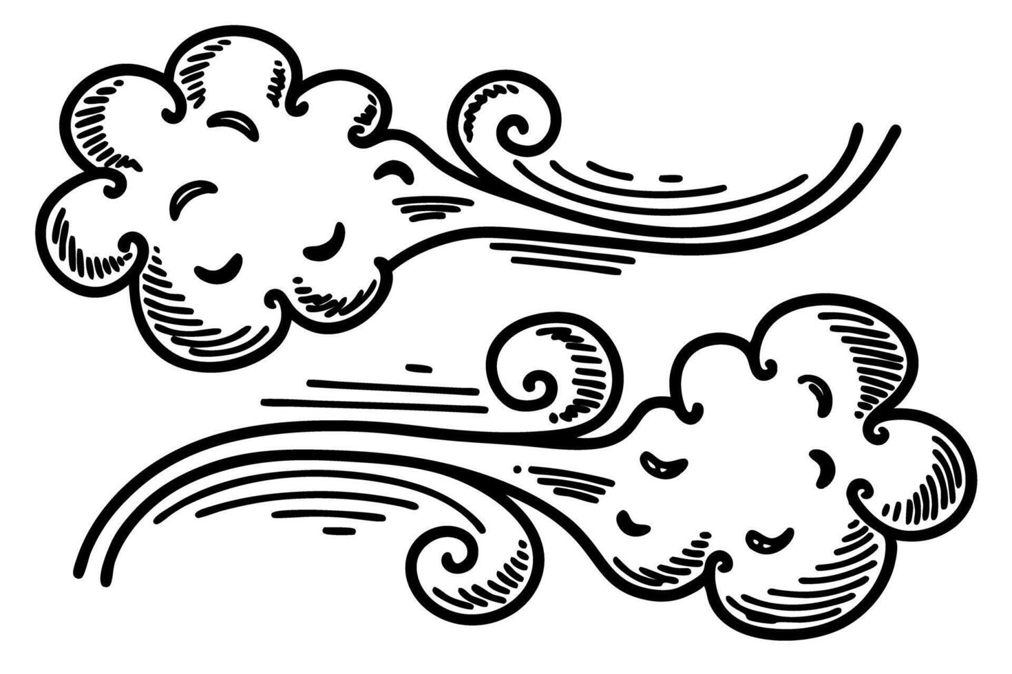 Decorative swirling wind clouds illustration black and white hand drawn curly airflow, breeze, weather concept vector