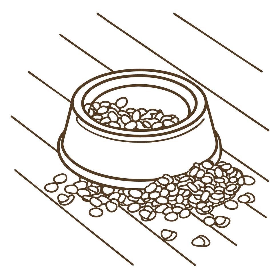 Dog bowl with scattered dry food pellets line art illustration of pet feeding, mess, and clean up concept vector