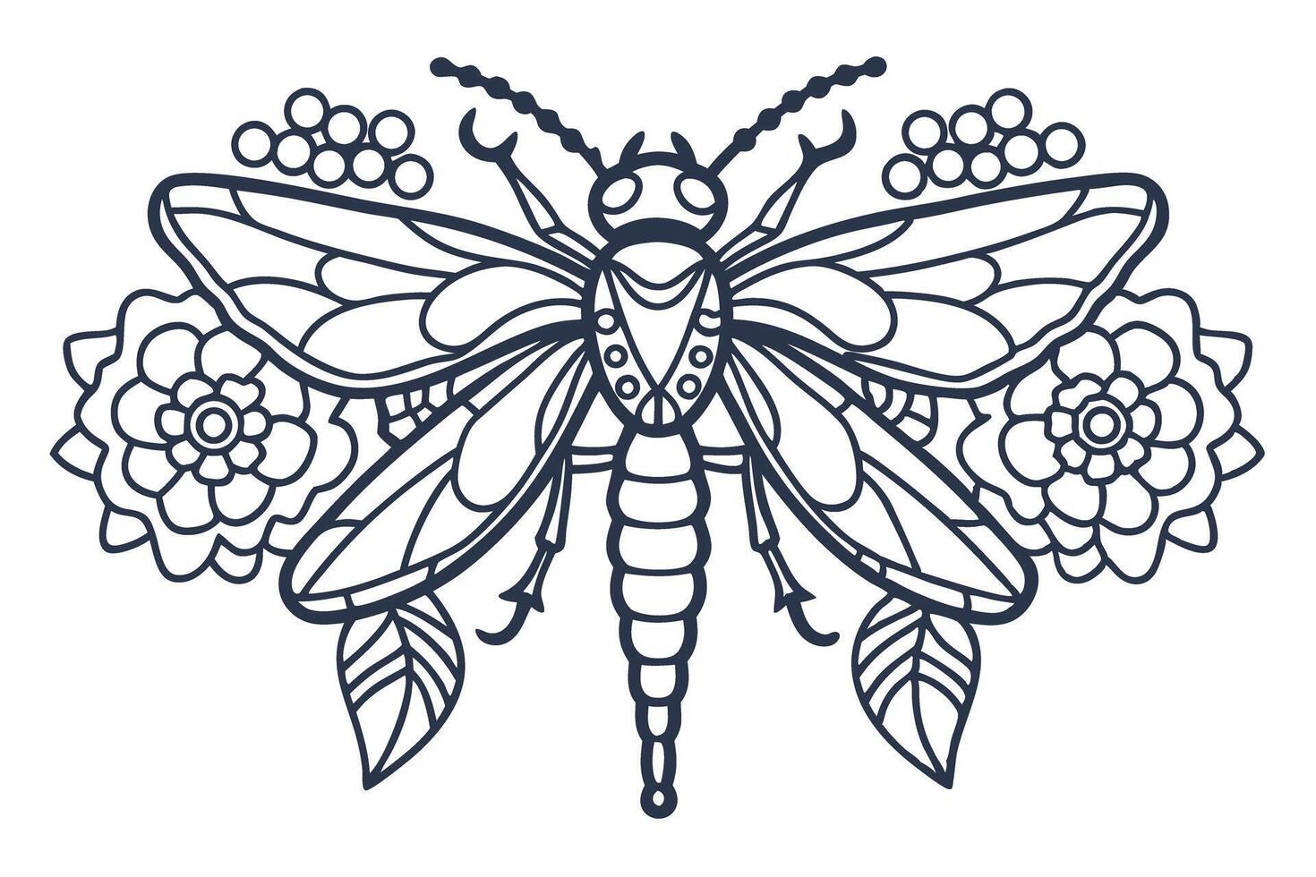 Detailed dragonfly line art with blooming flowers nature inspired insect illustration with botanical elements vector