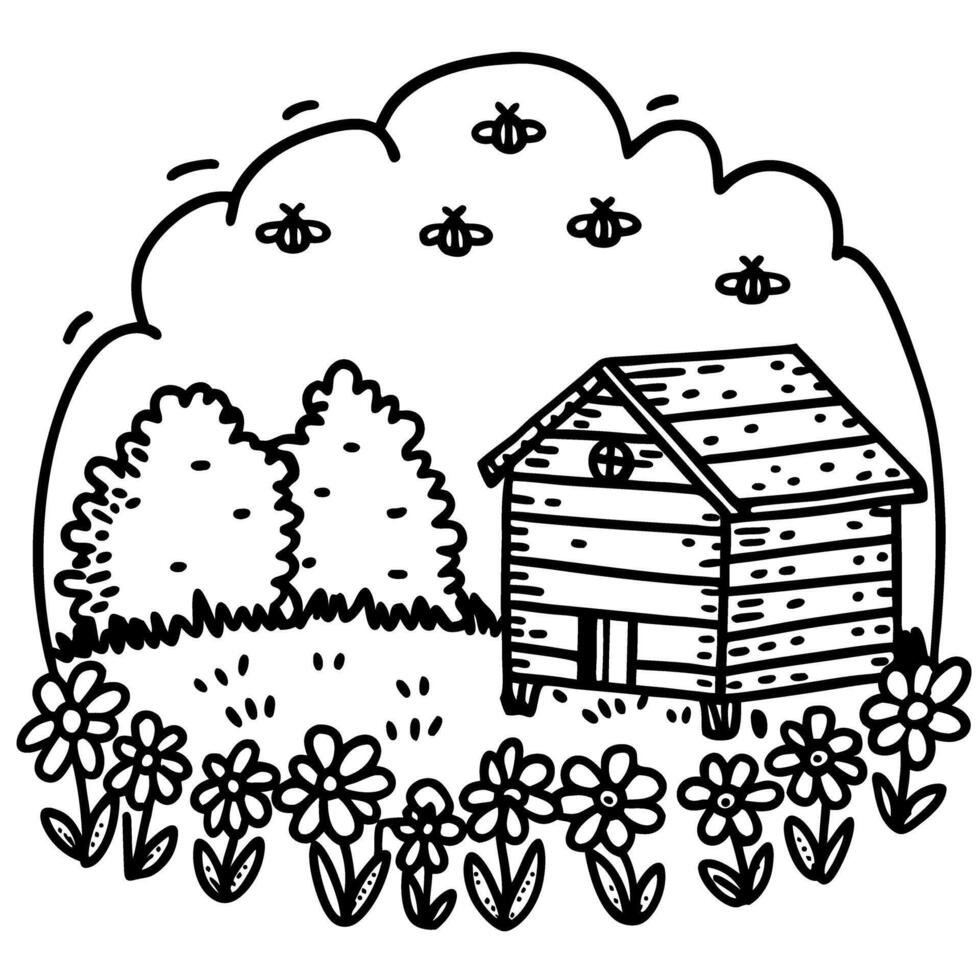 beehive and wildflowers wooden apiary house, bees flying above blooming garden, nature pollination scene vector