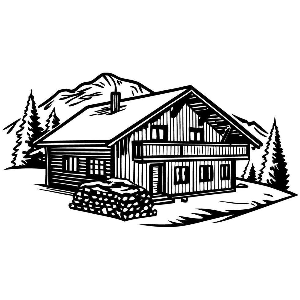 Mountain cabin illustration with woodpile, pine trees, and mountain backdrop in rustic countryside scenery vector