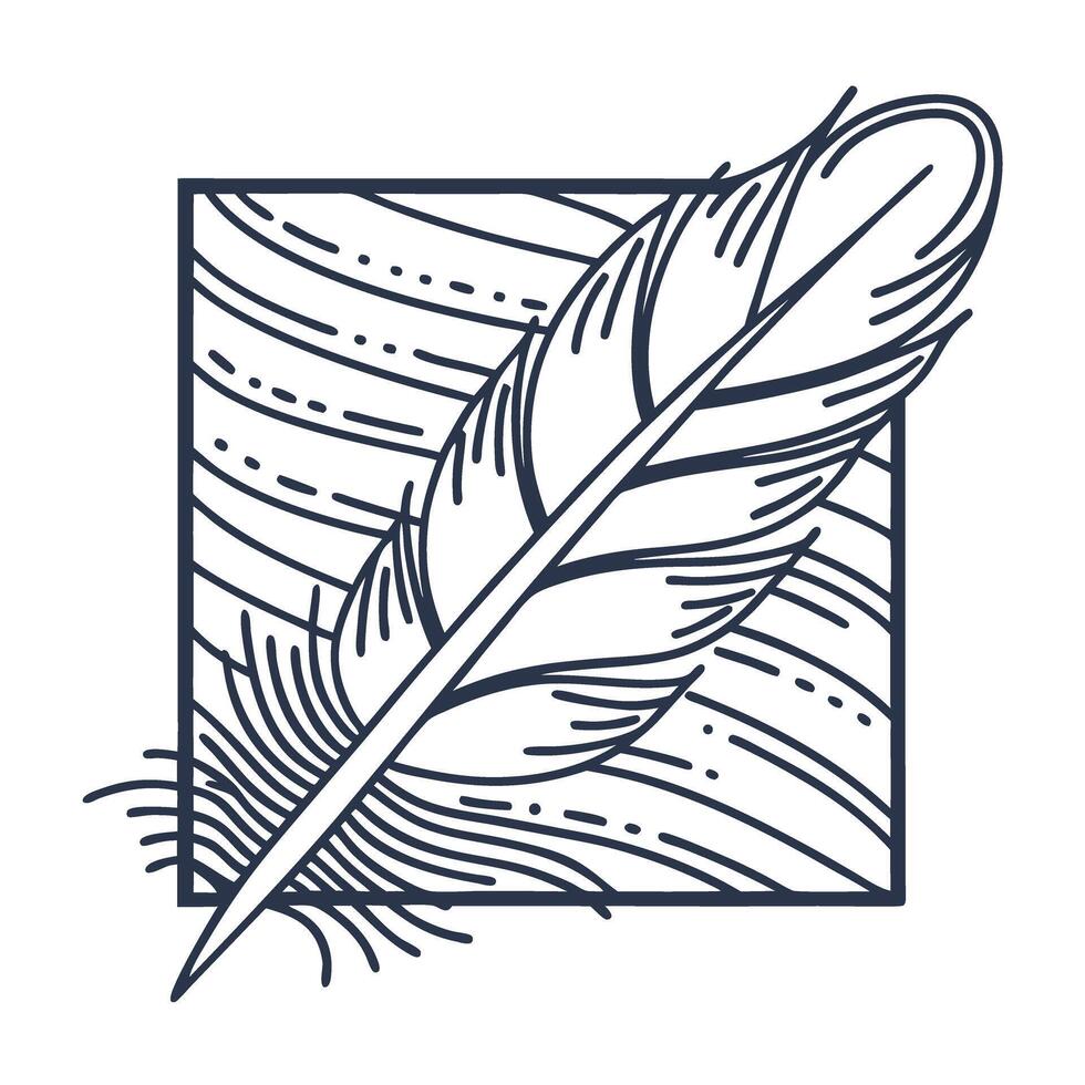 Feather illustration elegant single quill with decorative lines, minimalist vintage symbol, hand drawn ink art vector
