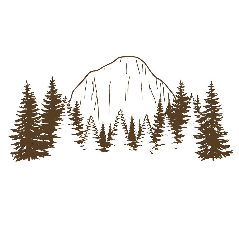 Mountain landscape with evergreen trees minimalist nature illustration, forest silhouette with rocky peak vector