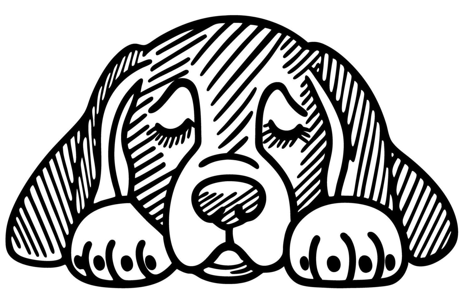 Sleeping puppy illustration cute dog resting with closed eyes, paws forward black and white hand drawn sketch vector
