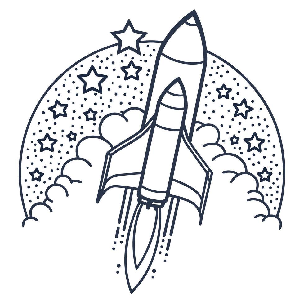 Rocket launch with stars and clouds space shuttle blasting off, outline illustration of astronautics adventure vector