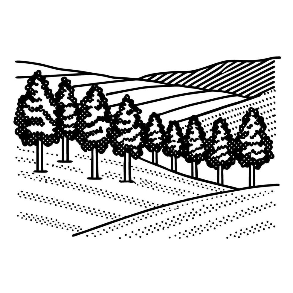 Rolling countryside with pine trees and distant hills rural farmland landscape in simple black and white line art vector