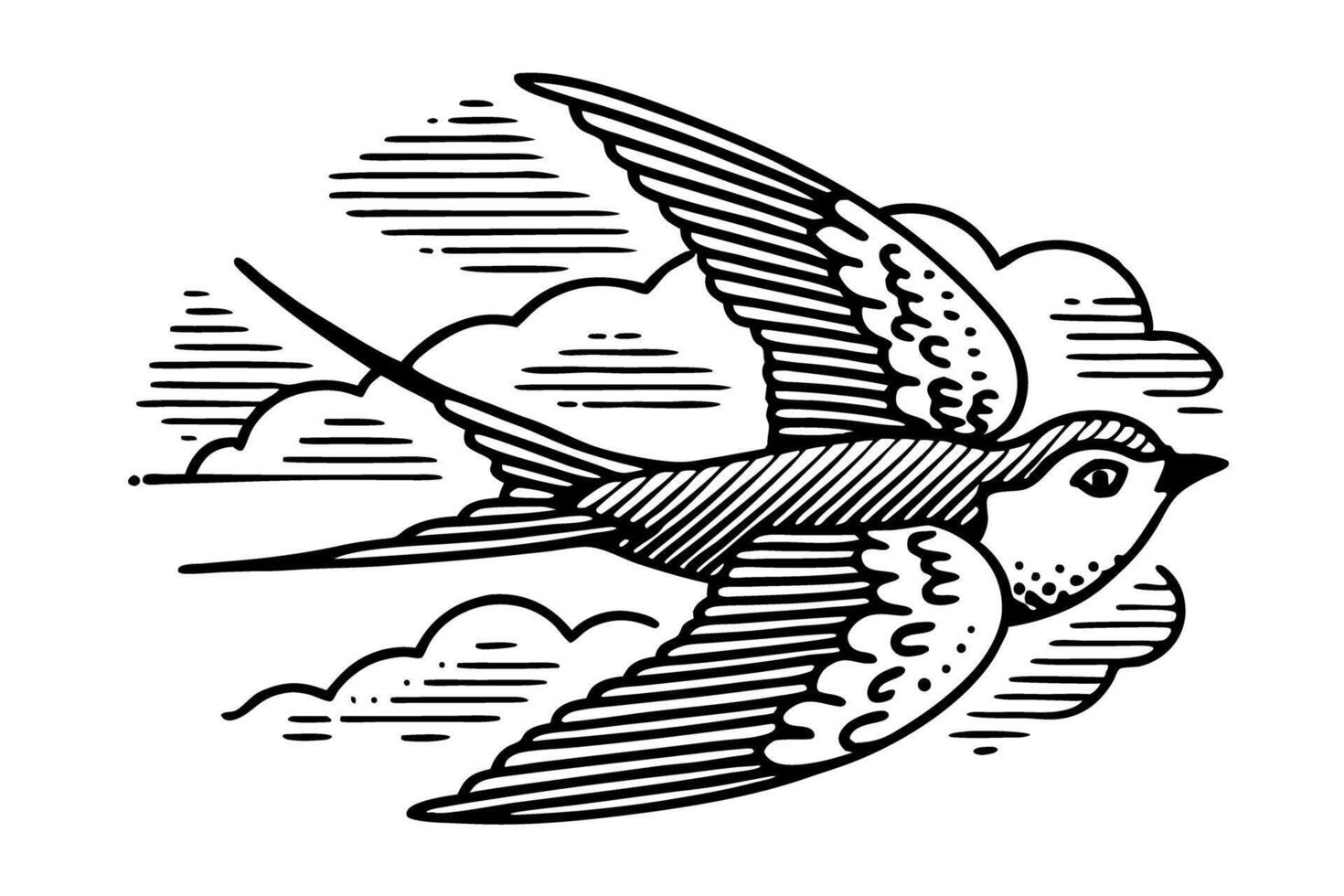 Swift bird in flight, vintage engraving illustration elegant swallow soaring with clouds, nature and freedom symbol vector