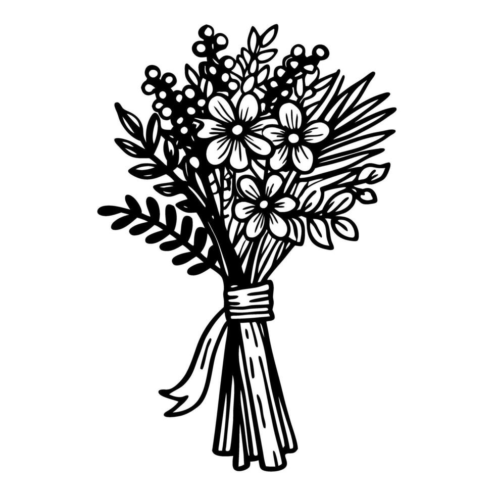Hand drawn floral bouquet illustration, black and white wildflowers, leaves, botanical bunch with ribbon vector