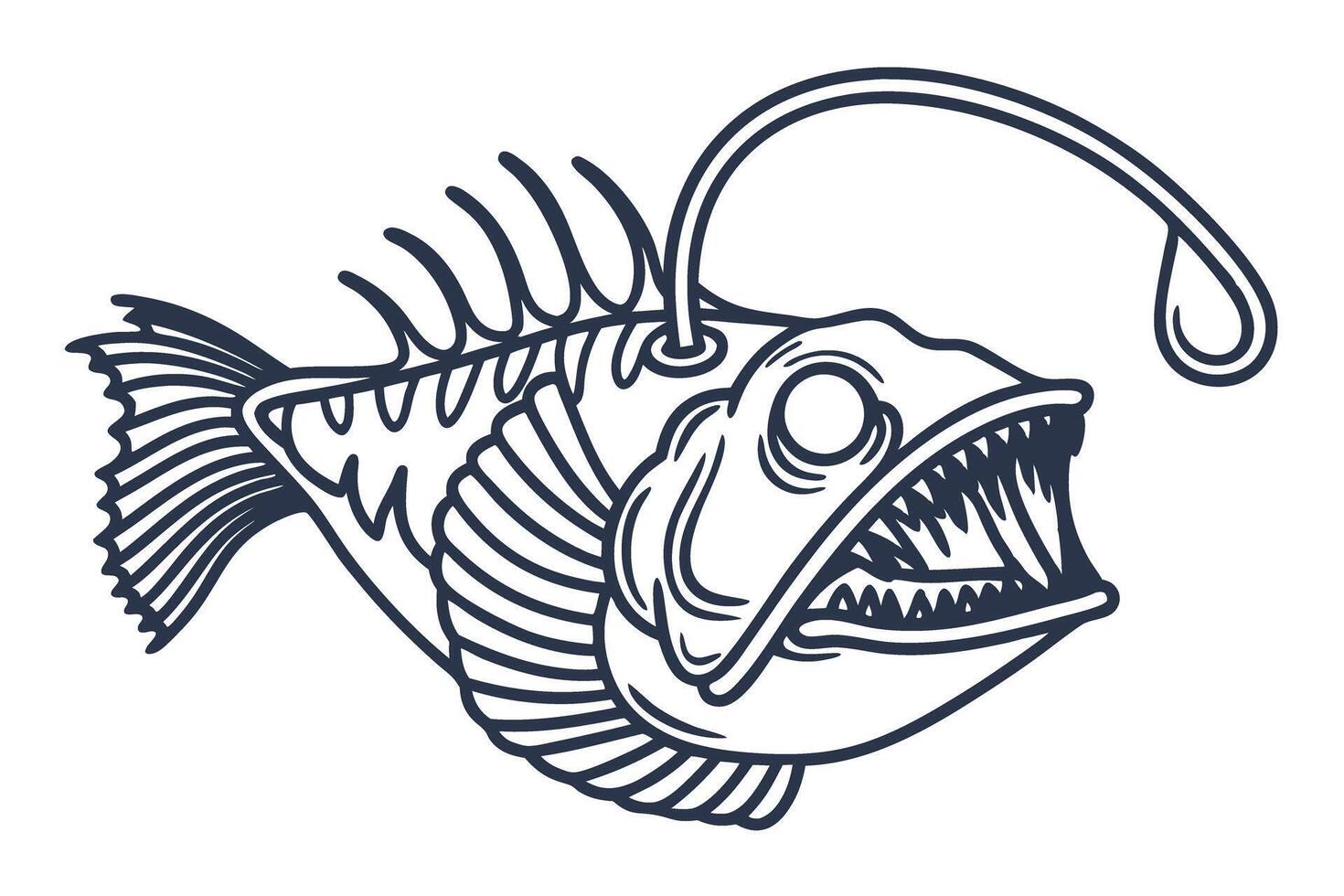 Deep sea anglerfish outline illustration predatory ocean fish with lure, sharp teeth, skeletal anatomy design vector