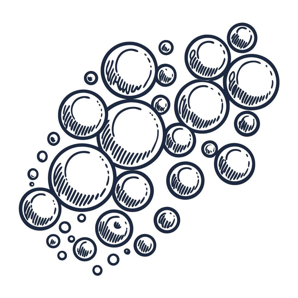 Cluster of hand drawn soap bubbles cleanliness and freshness concept with round floating shapes, white background vector