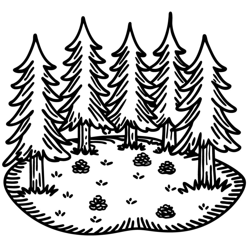 Hand drawn pine tree forest background black and white woodland landscape with coniferous trees, nature illustration vector