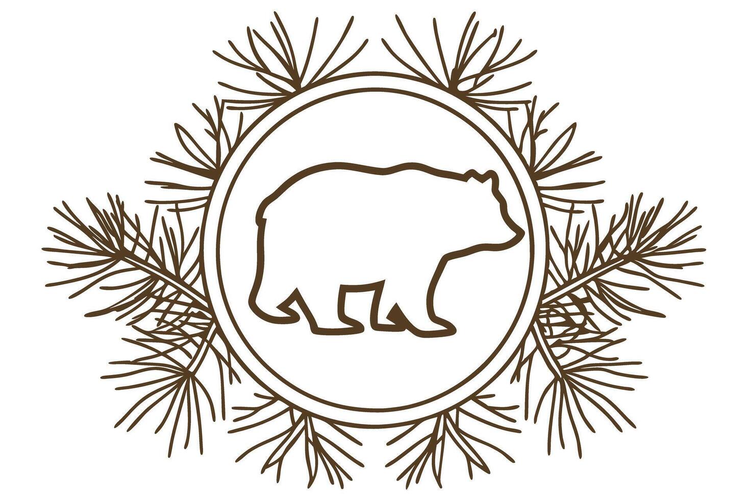 Bear outline in circular frame with pine branches wildlife animal silhouette, rustic nature symbol illustration vector