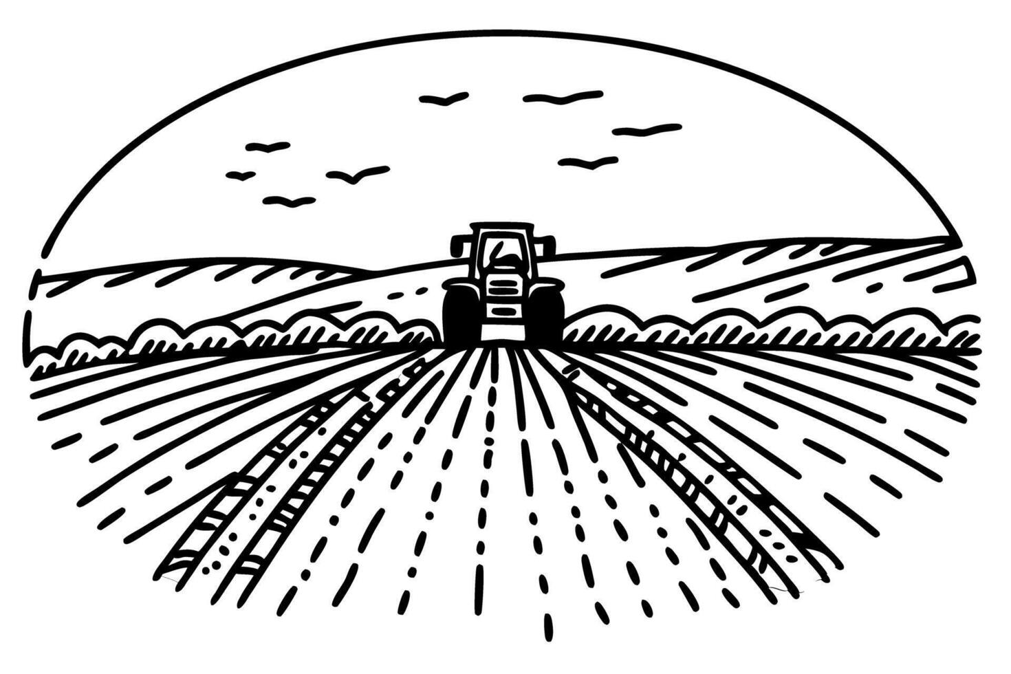 Tractor cultivating farmland at sunrise rural agriculture landscape with fields, crops, clouds, and birds in line art vector