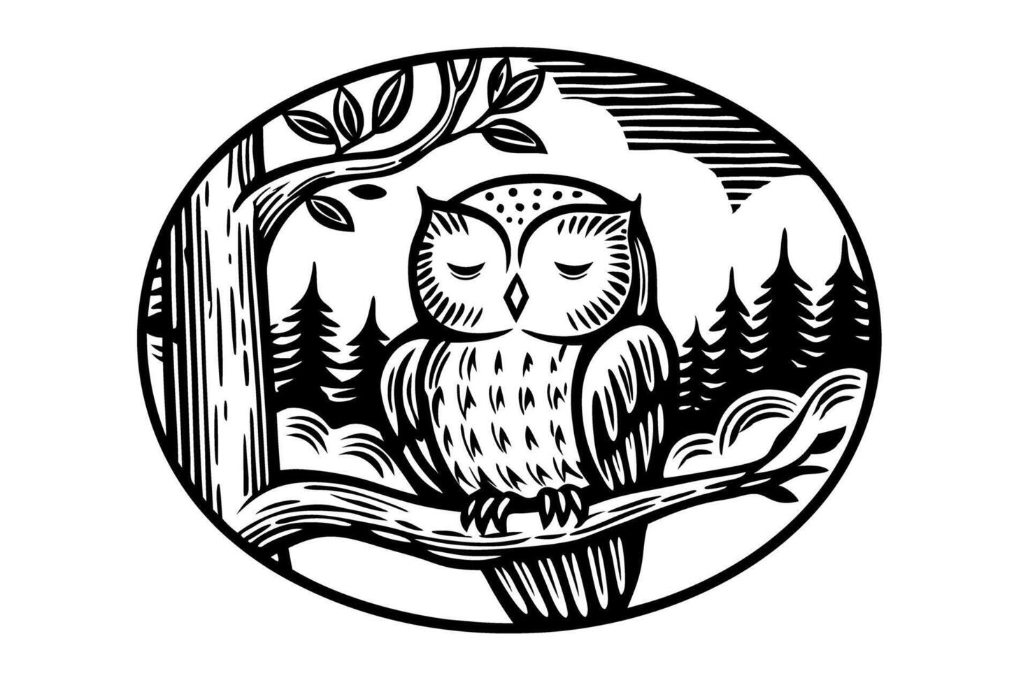 Owl resting on branch in forest nature scene, peaceful woodland animal, tranquil atmosphere, tree illustration vector