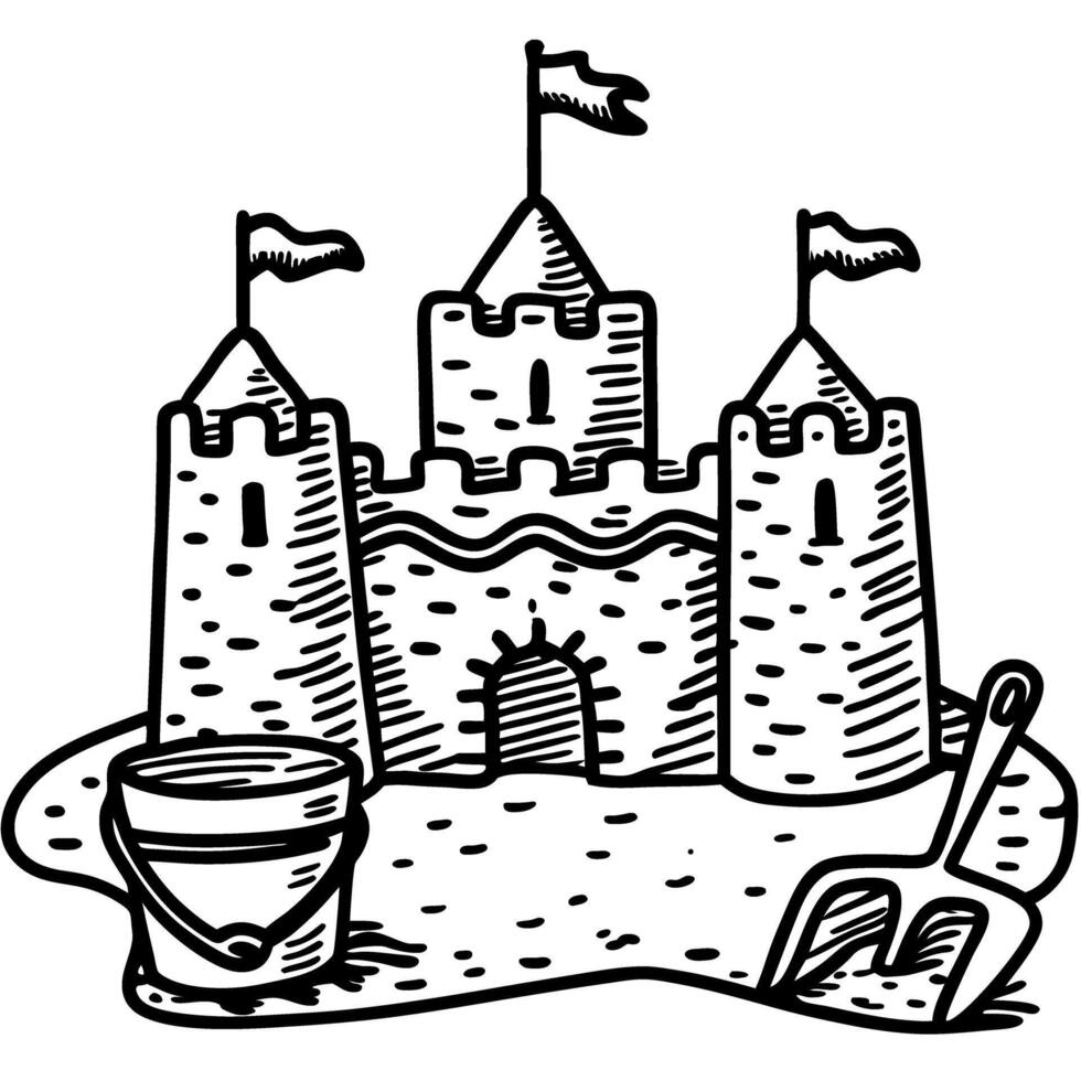 Sandcastle with flags, bucket and spade hand drawn outline illustration for summer beach activities, kids fun play vector