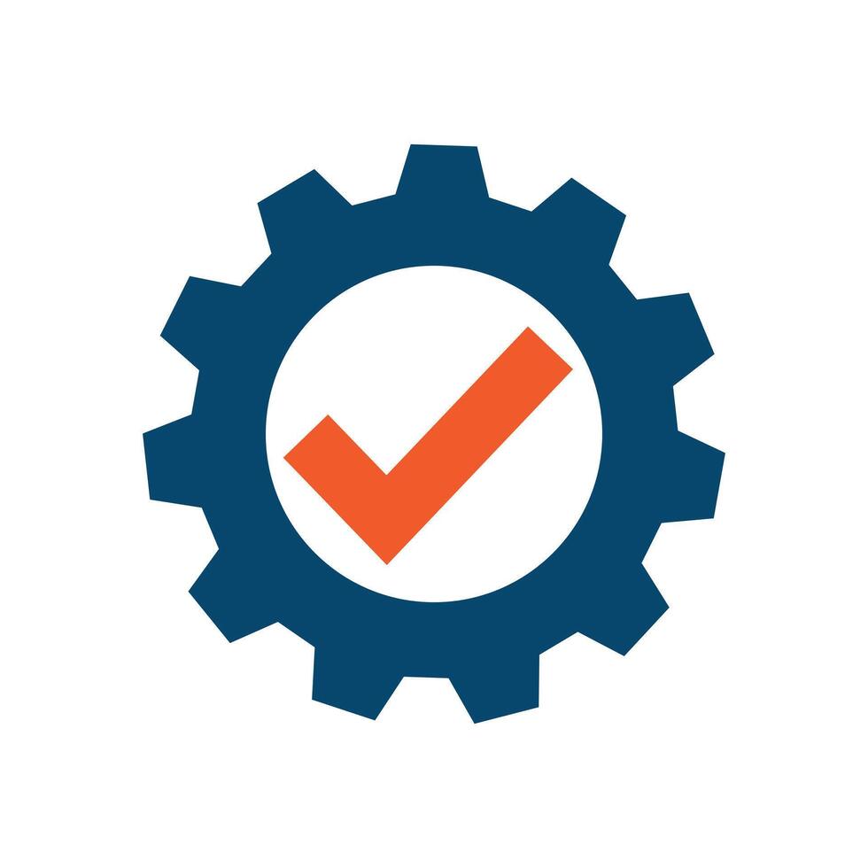 Good Quality Service Icon, Blue Gear Cog with Orange Checkmark, Right Setting Perfect Repair Icon Logo Illustration vector