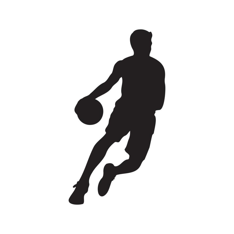 Silhouette of a basketball player dribbling, airborne with the ball, leaping to shoot, dynamic action pose vector