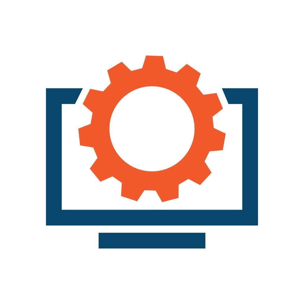 Computer Repair Service Icon Logo, Computer screen with gear cog symbol, Operating System Setting, technology, and industry vector