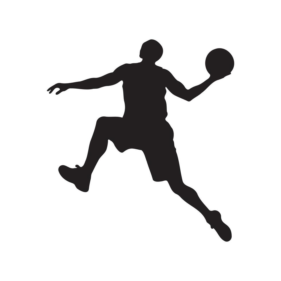 Silhouette of a basketball player airborne with the ball, leaping to shoot, dynamic action pose vector