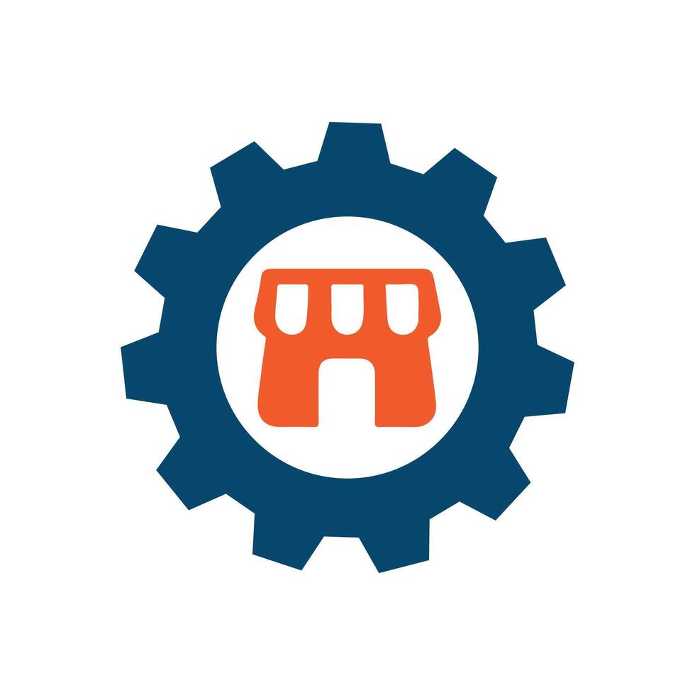 Service Store Icon Logo, Business Management, e-commerce online shop Growth, Development maintenance, Gear Cog with Store Icon. vector
