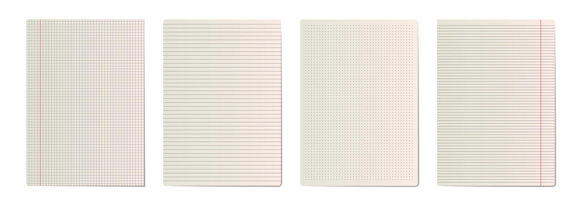 Set of realistic paper sheets with various grid patterns graph, ruled, and dotted. Ideal for school, office, bullet journal, and stationery designs. Perfect for notes, planners, and background vector