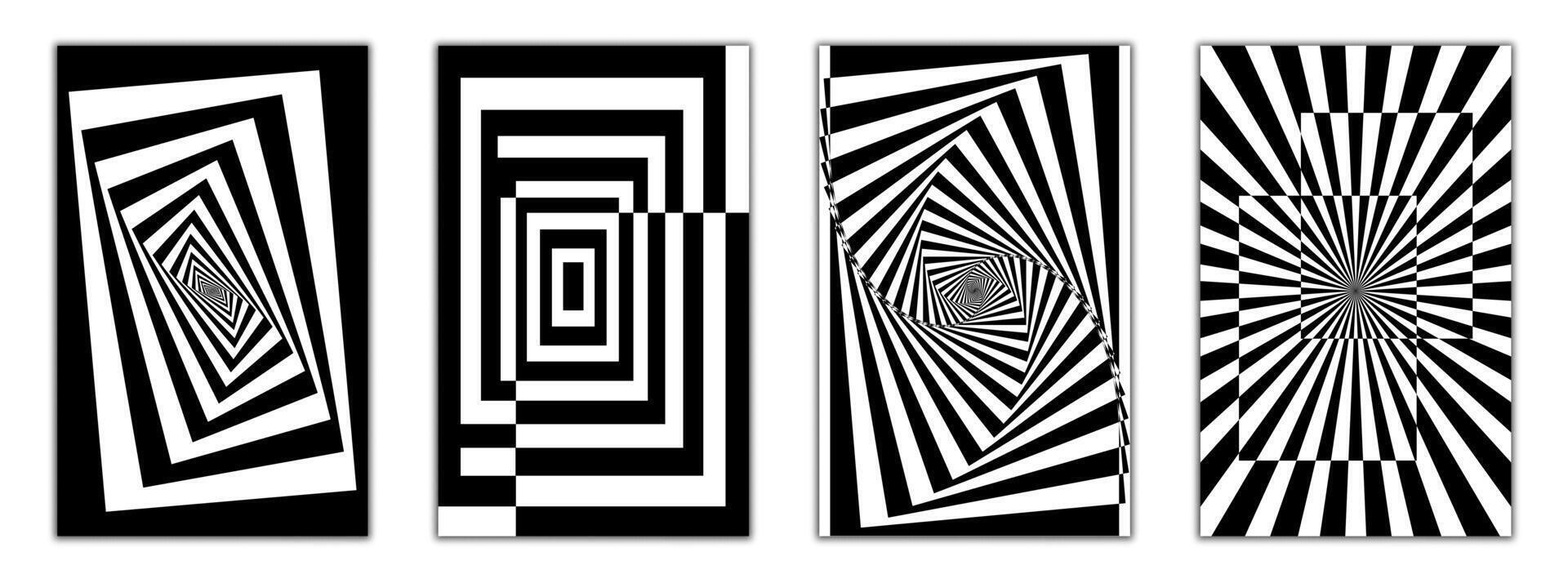 Intense black and white illusions with radiating squares, cubes, and hypnotic vortexes. Perfect for eye-catching posters and digital installations. vector